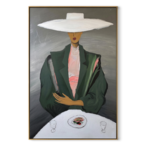 White Brim Presides over the Table - woman at table painting by Marcus Lau, retro modern vertical wall art – wood frame on white background