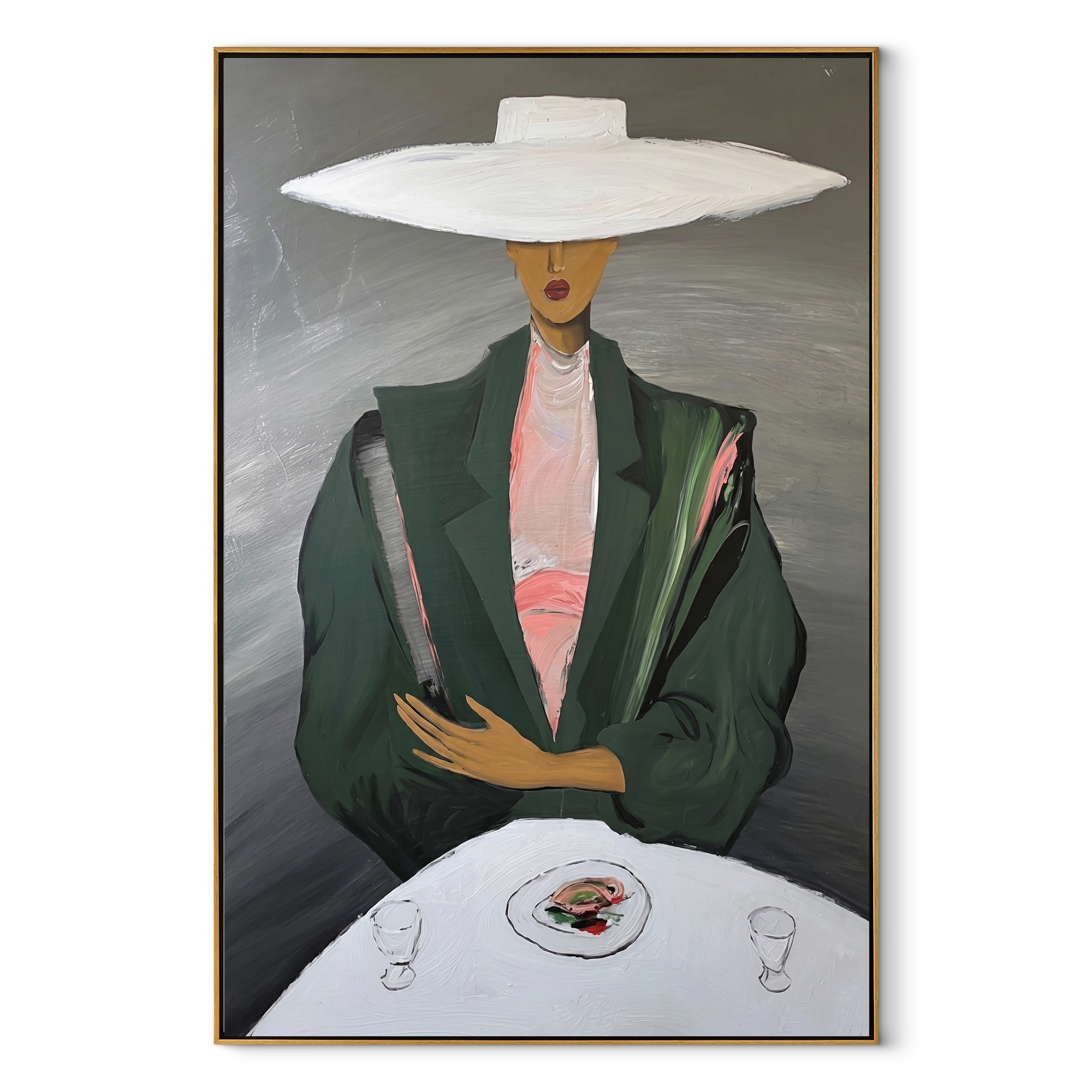 White Brim Presides over the Table - woman at table painting by Marcus Lau, retro modern vertical wall art – wood frame on white background