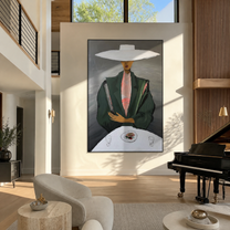 White Brim Presides over the Table - woman at table painting by Marcus Lau, retro modern vertical wall art – styled room scene view 2