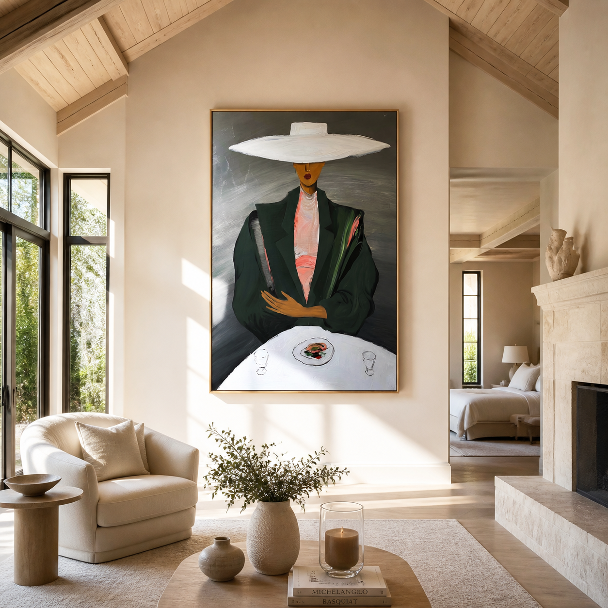 White Brim Presides over the Table - woman at table painting by Marcus Lau, retro modern vertical wall art – styled room scene view 3