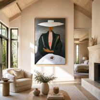 White Brim Presides over the Table - woman at table painting by Marcus Lau, retro modern vertical wall art – styled room scene view 3
