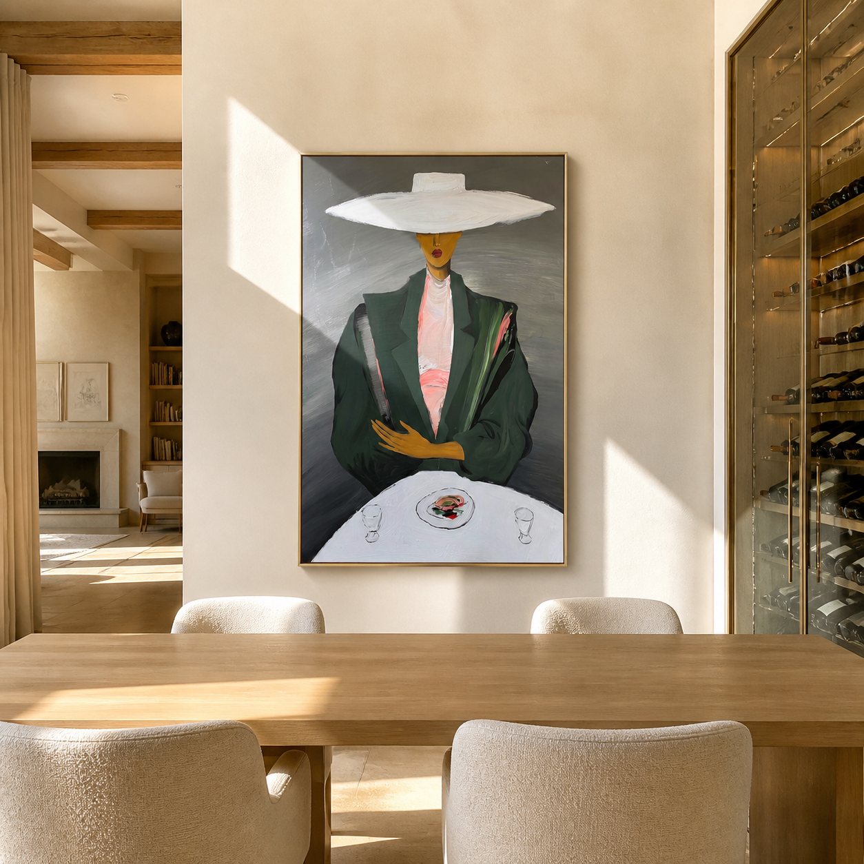 White Brim Presides over the Table - woman at table painting by Marcus Lau, retro modern vertical wall art – styled room scene view 4
