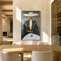 White Brim Presides over the Table - woman at table painting by Marcus Lau, retro modern vertical wall art – styled room scene view 4