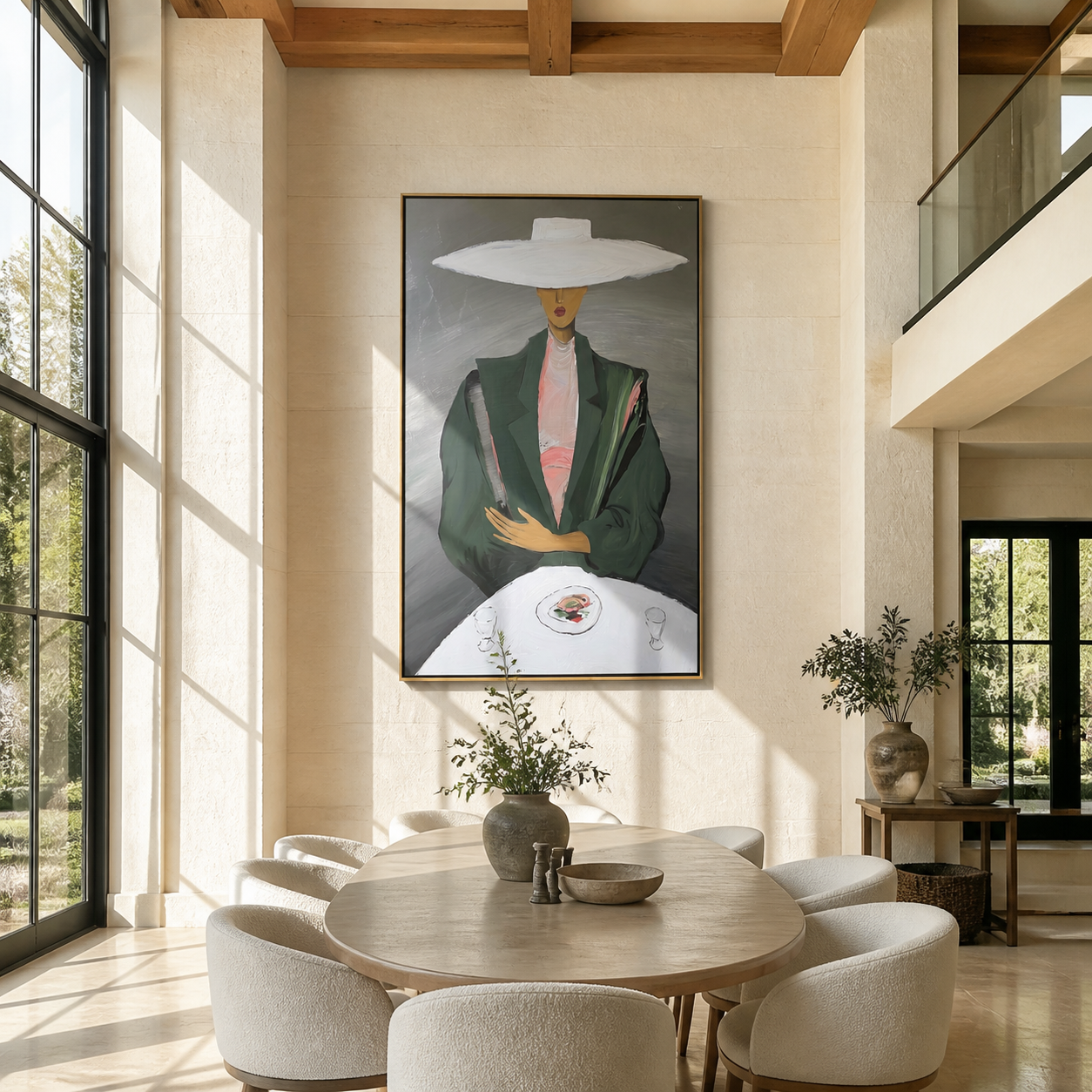 White Brim Presides over the Table - woman at table painting by Marcus Lau, retro modern vertical wall art – styled room scene view 5