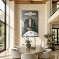 White Brim Presides over the Table - woman at table painting by Marcus Lau, retro modern vertical wall art – styled room scene view 5