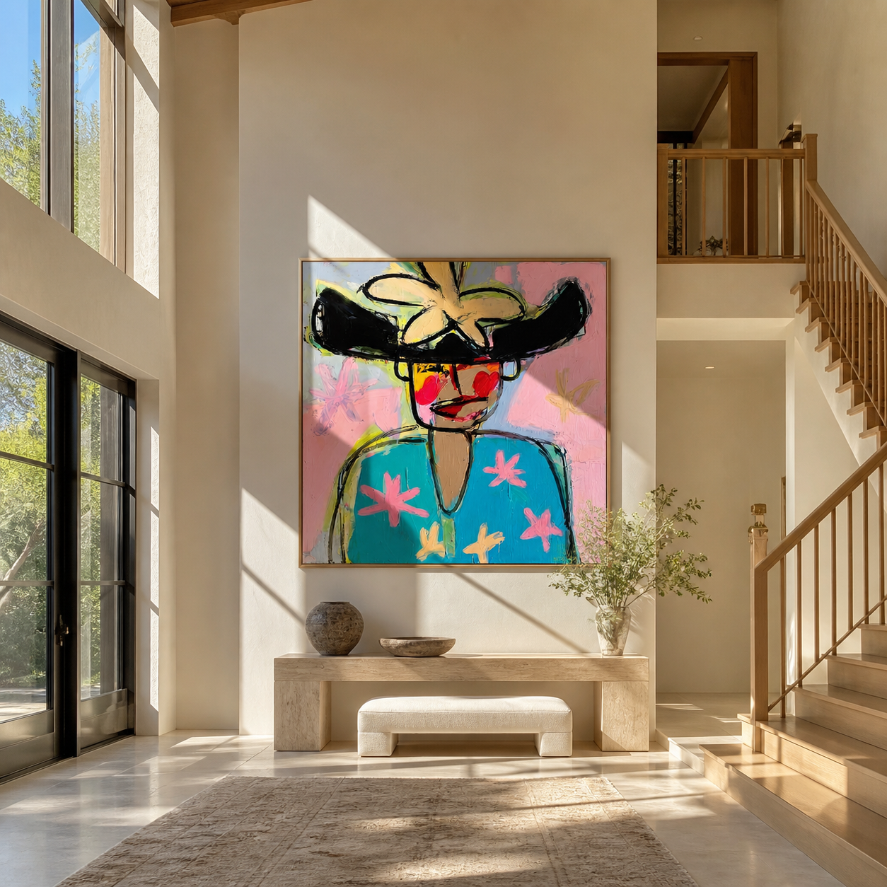 Turquoise Flowers Meet the Wild Black Hat - colorful fashion portrait by Marcus Lau, retro modern square wall art – styled room scene view 1