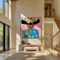 Turquoise Flowers Meet the Wild Black Hat - colorful fashion portrait by Marcus Lau, retro modern square wall art – styled room scene view 1