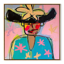Turquoise Flowers Meet the Wild Black Hat - colorful fashion portrait by Marcus Lau, retro modern square wall art – wood frame on white background