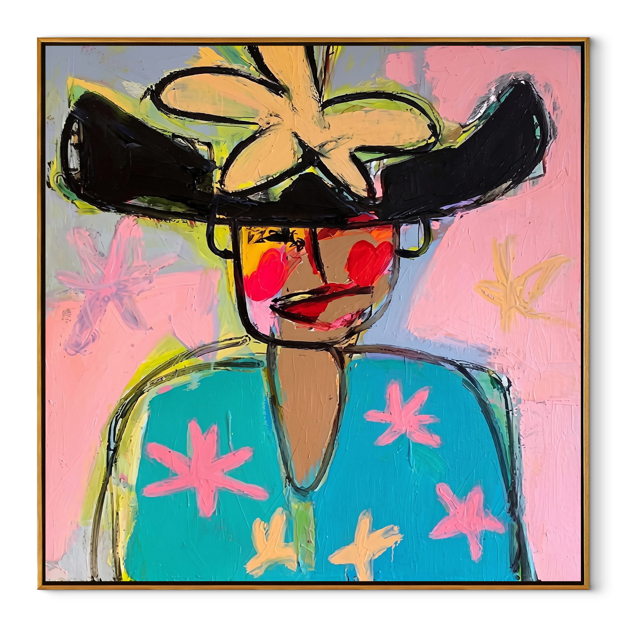 Turquoise Flowers Meet the Wild Black Hat - colorful fashion portrait by Marcus Lau, retro modern square wall art – wood frame on white background