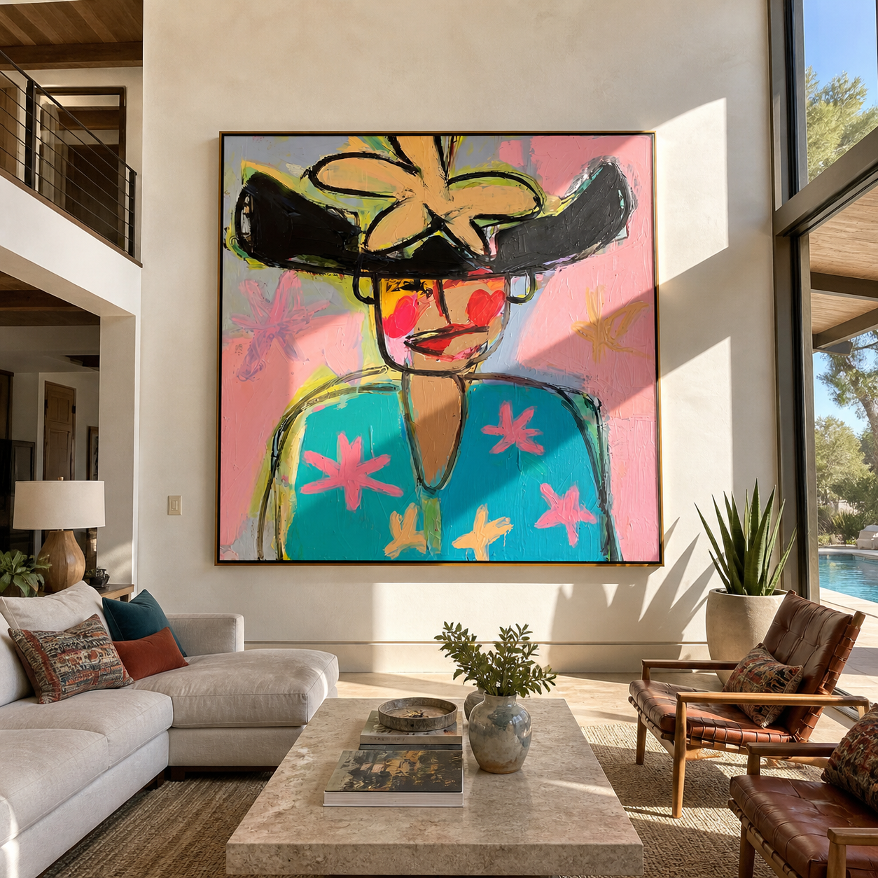 Turquoise Flowers Meet the Wild Black Hat - colorful fashion portrait by Marcus Lau, retro modern square wall art – styled room scene view 2