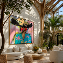 Turquoise Flowers Meet the Wild Black Hat - colorful fashion portrait by Marcus Lau, retro modern square wall art – styled room scene view 3