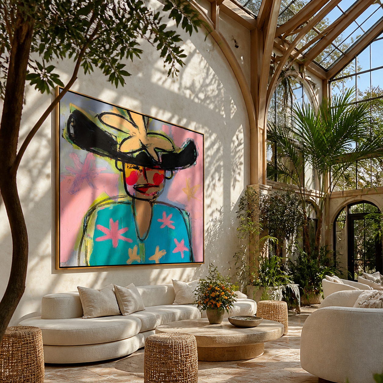 Turquoise Flowers Meet the Wild Black Hat - colorful fashion portrait by Marcus Lau, retro modern square wall art – styled room scene view 3