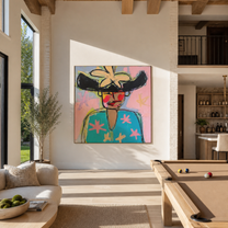 Turquoise Flowers Meet the Wild Black Hat - colorful fashion portrait by Marcus Lau, retro modern square wall art – styled room scene view 4