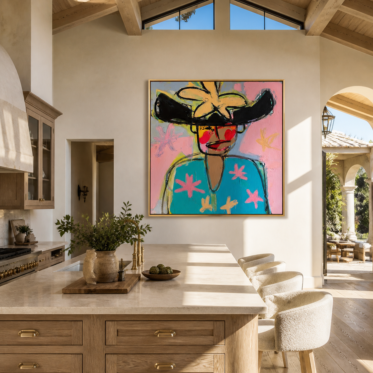 Turquoise Flowers Meet the Wild Black Hat - colorful fashion portrait by Marcus Lau, retro modern square wall art – styled room scene view 5