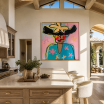 Turquoise Flowers Meet the Wild Black Hat - colorful fashion portrait by Marcus Lau, retro modern square wall art – styled room scene view 5