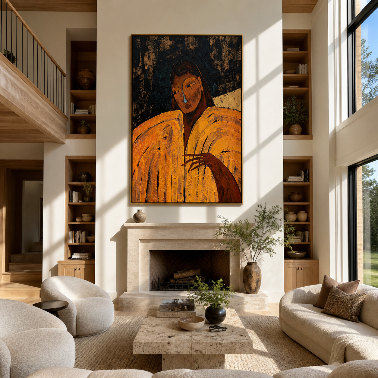 Ochre Sleeves Hold the Night - woman in gold portrait by Marcus Lau, retro modern vertical wall art – styled room scene view 1