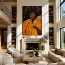 Ochre Sleeves Hold the Night - woman in gold portrait by Marcus Lau, retro modern vertical wall art – styled room scene view 1