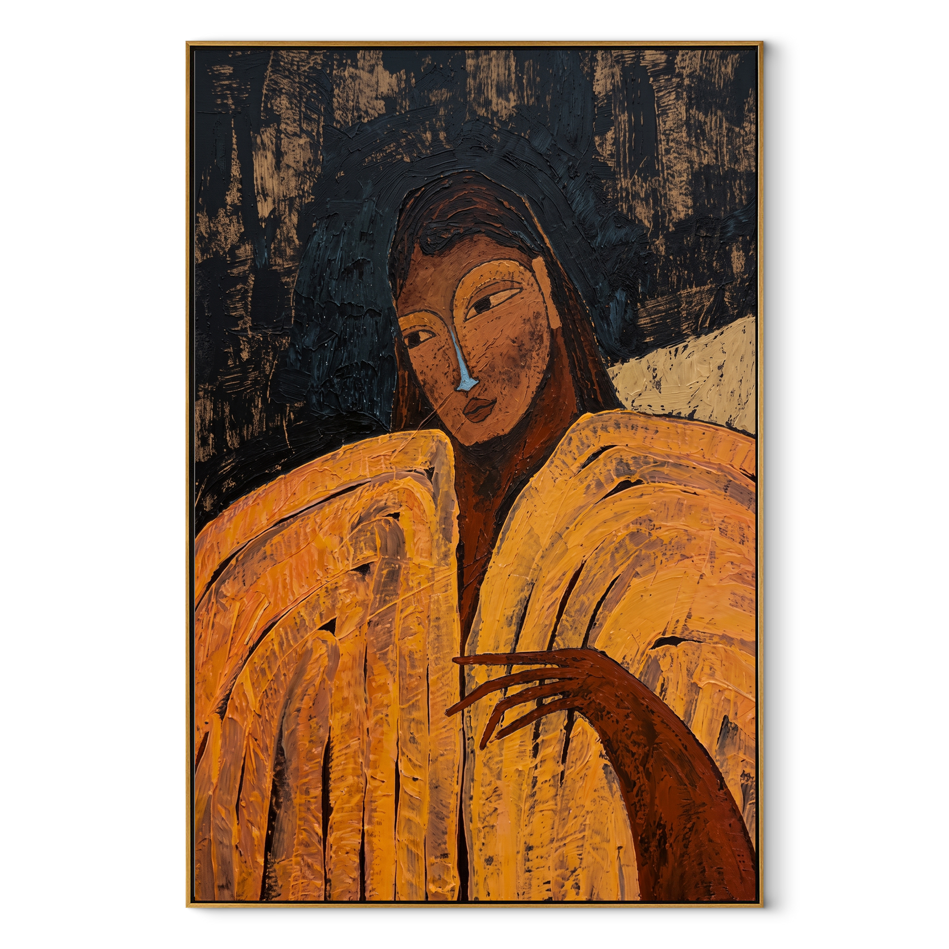 Ochre Sleeves Hold the Night - woman in gold portrait by Marcus Lau, retro modern vertical wall art – wood frame on white background