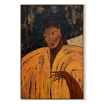 Ochre Sleeves Hold the Night - woman in gold portrait by Marcus Lau, retro modern vertical wall art – wood frame on white background