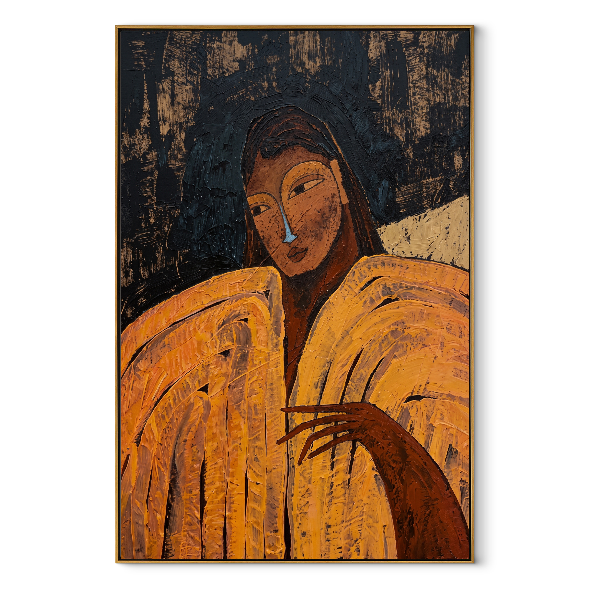Ochre Sleeves Hold the Night - woman in gold portrait by Marcus Lau, retro modern vertical wall art – wood frame on white background