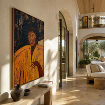 Ochre Sleeves Hold the Night - woman in gold portrait by Marcus Lau, retro modern vertical wall art – styled room scene view 2