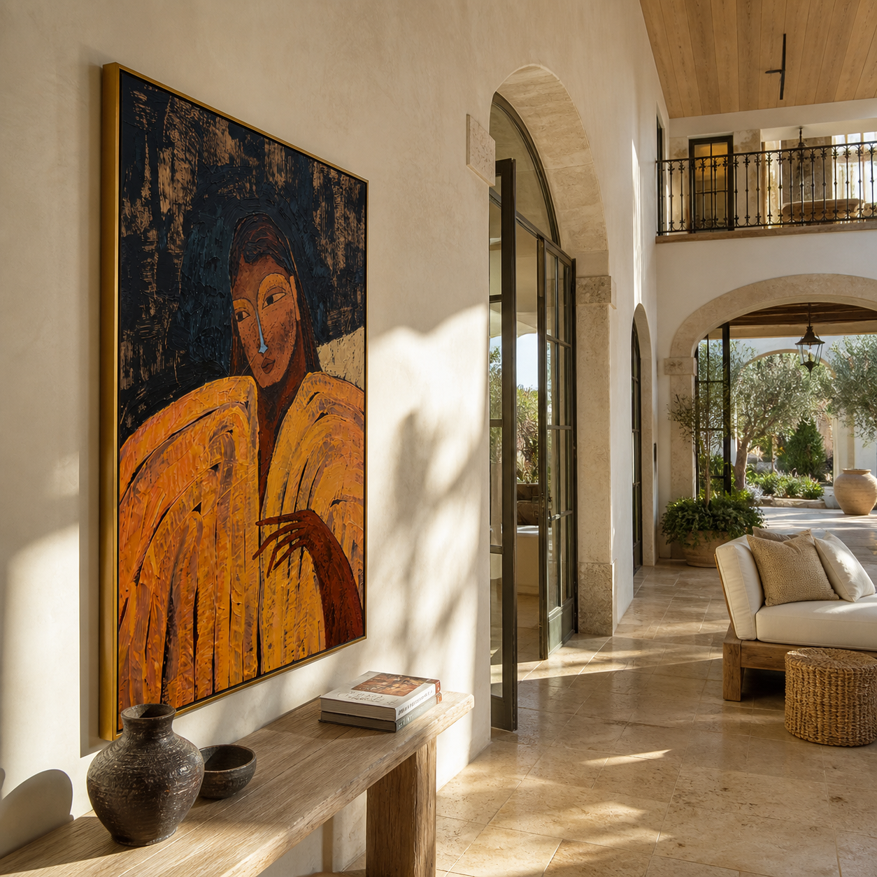 Ochre Sleeves Hold the Night - woman in gold portrait by Marcus Lau, retro modern vertical wall art – styled room scene view 2