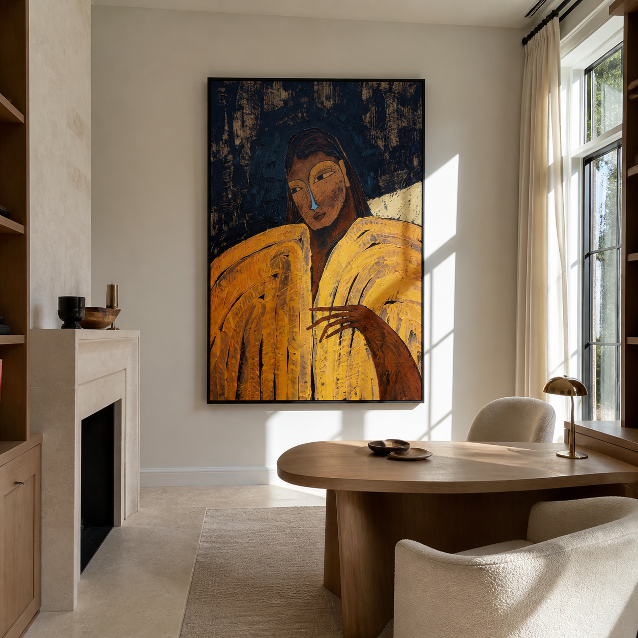 Ochre Sleeves Hold the Night - woman in gold portrait by Marcus Lau, retro modern vertical wall art – styled room scene view 3