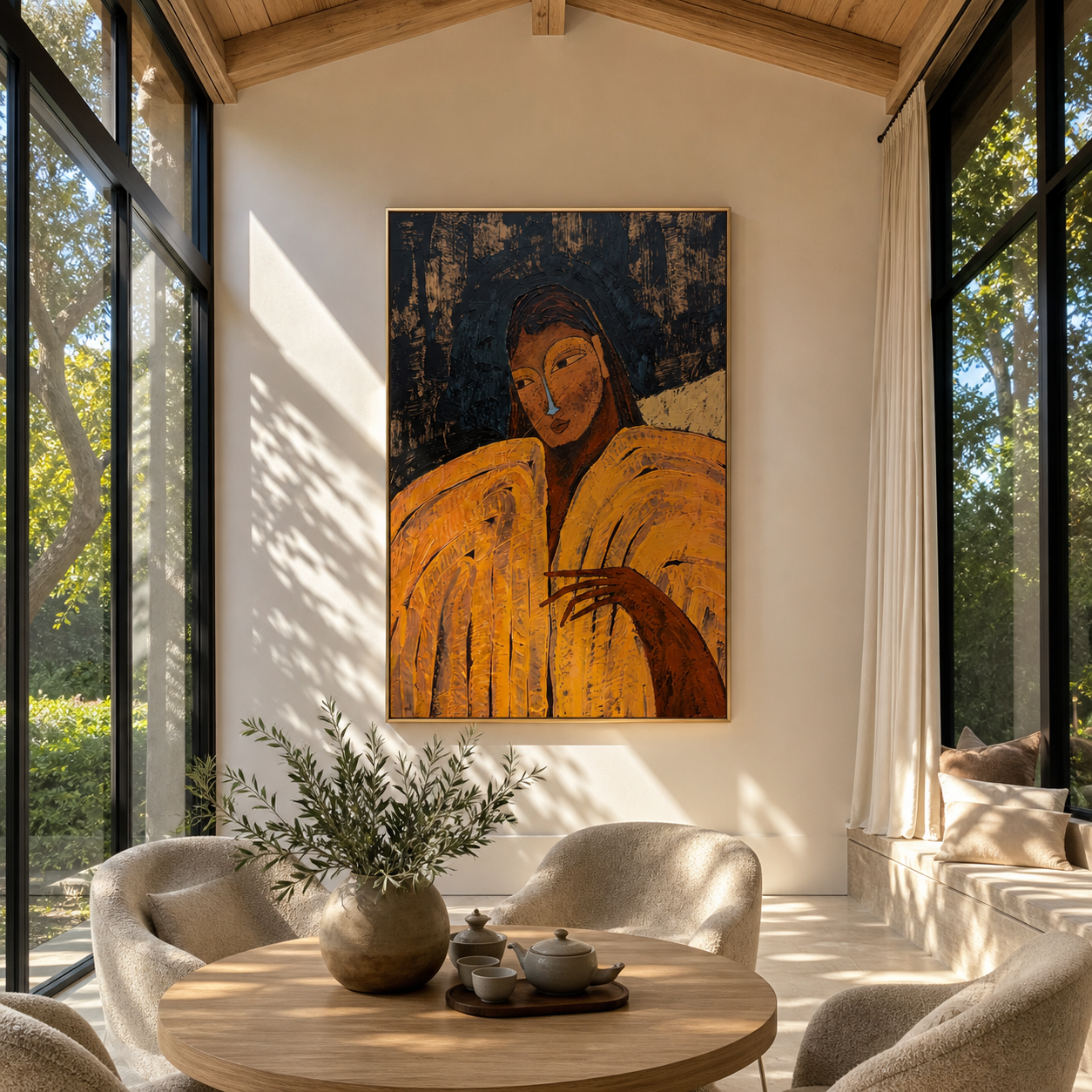 Ochre Sleeves Hold the Night - woman in gold portrait by Marcus Lau, retro modern vertical wall art – styled room scene view 4