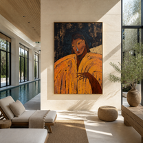 Ochre Sleeves Hold the Night - woman in gold portrait by Marcus Lau, retro modern vertical wall art – styled room scene view 5