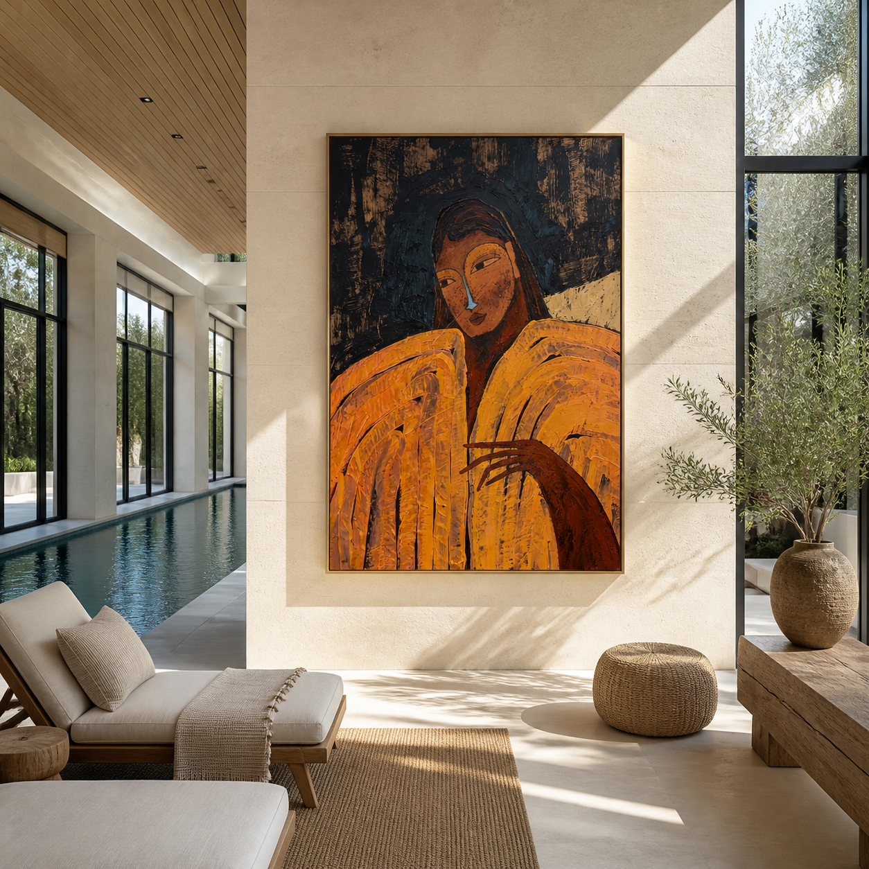 Ochre Sleeves Hold the Night - woman in gold portrait by Marcus Lau, retro modern vertical wall art – styled room scene view 5