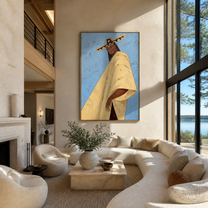 Blue Sky Carries Ivory - ivory cape woman painting by Marcus Lau, retro modern vertical wall art – styled room scene view 1