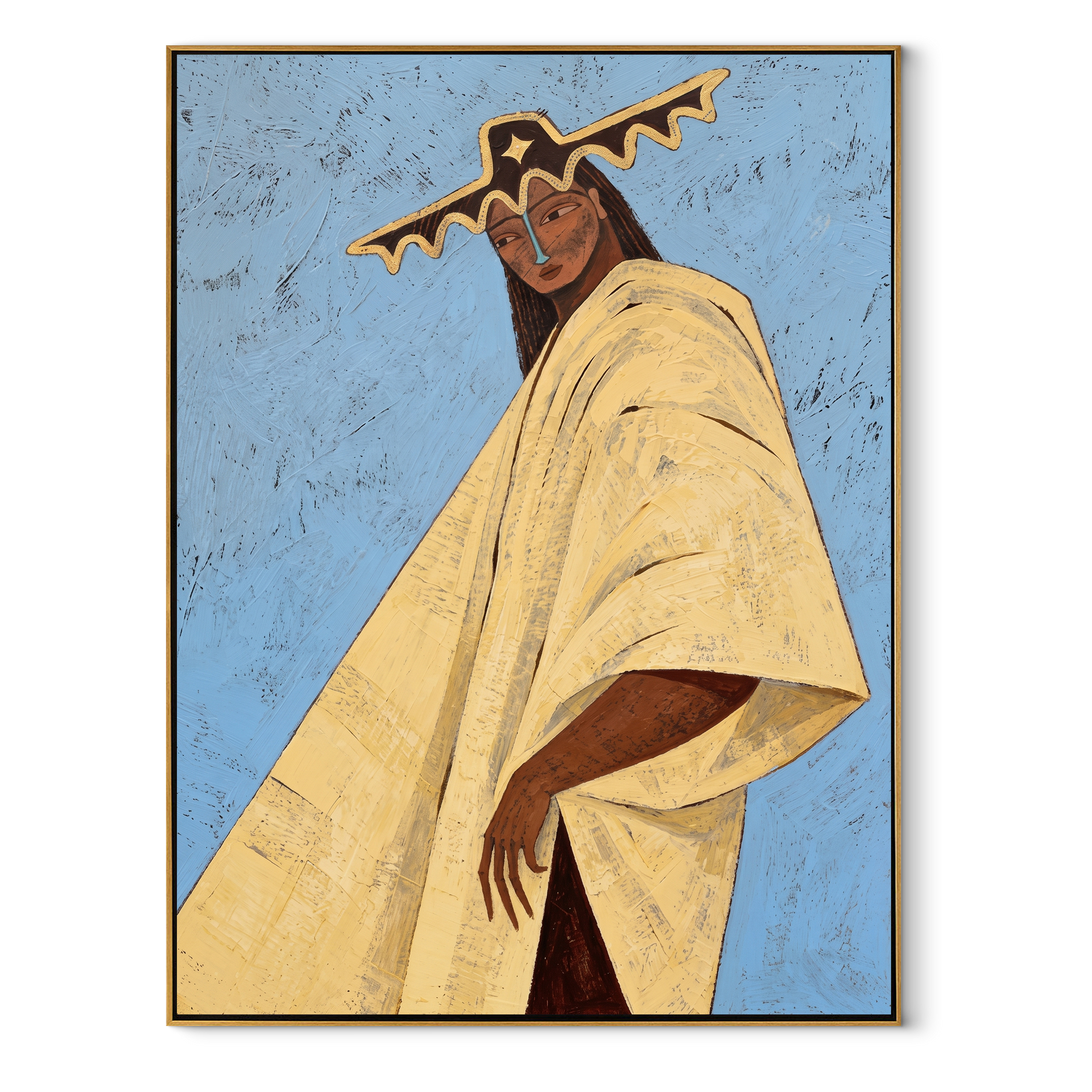 Blue Sky Carries Ivory - ivory cape woman painting by Marcus Lau, retro modern vertical wall art – wood frame on white background