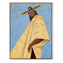 Blue Sky Carries Ivory - ivory cape woman painting by Marcus Lau, retro modern vertical wall art – wood frame on white background