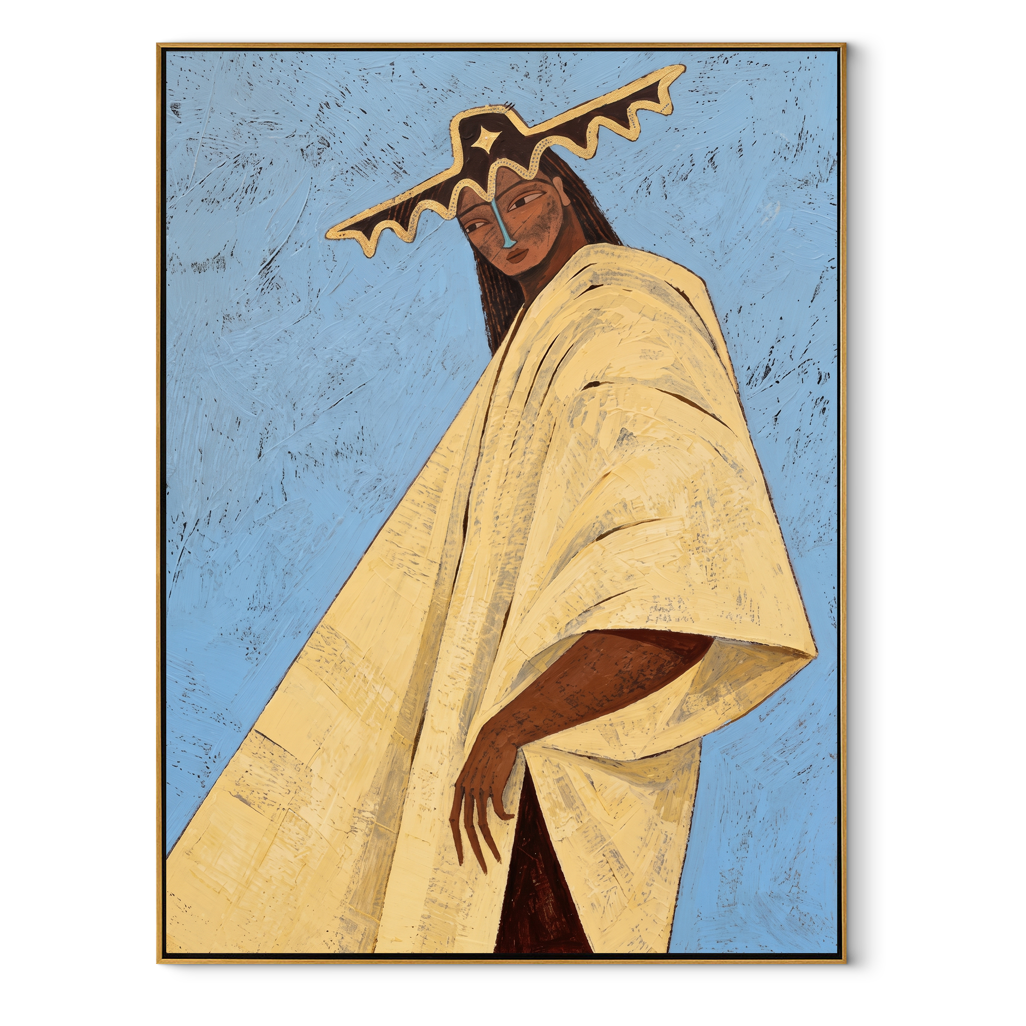 Blue Sky Carries Ivory - ivory cape woman painting by Marcus Lau, retro modern vertical wall art – wood frame on white background