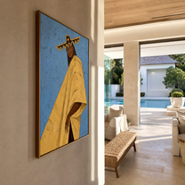 Blue Sky Carries Ivory - ivory cape woman painting by Marcus Lau, retro modern vertical wall art – styled room scene view 2