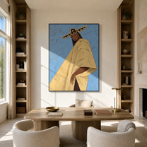 Blue Sky Carries Ivory - ivory cape woman painting by Marcus Lau, retro modern vertical wall art – styled room scene view 3