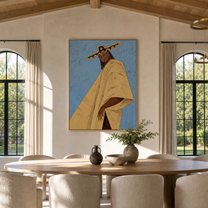 Blue Sky Carries Ivory - ivory cape woman painting by Marcus Lau, retro modern vertical wall art – styled room scene view 4