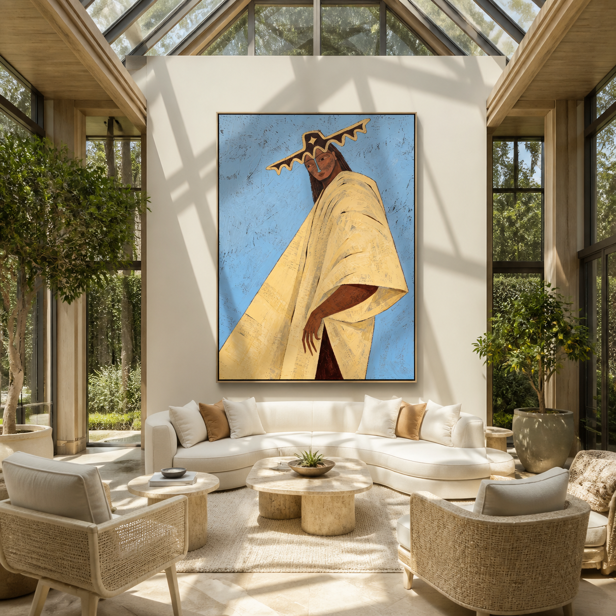 Blue Sky Carries Ivory - ivory cape woman painting by Marcus Lau, retro modern vertical wall art – styled room scene view 5