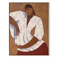 White Pleats Hold Poise - white blouse woman painting by Marcus Lau, retro modern vertical wall art – wood frame on white background