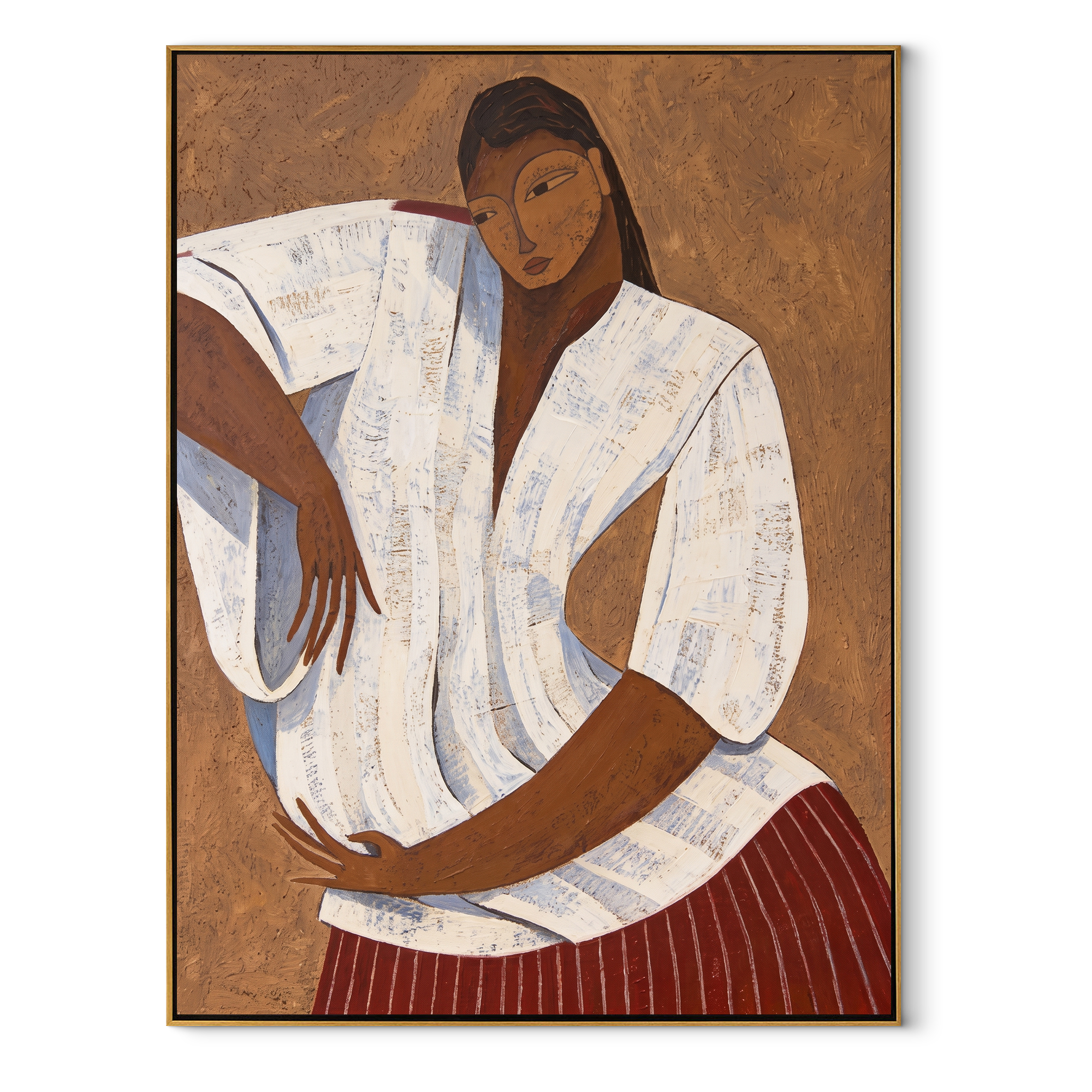 White Pleats Hold Poise - white blouse woman painting by Marcus Lau, retro modern vertical wall art – wood frame on white background