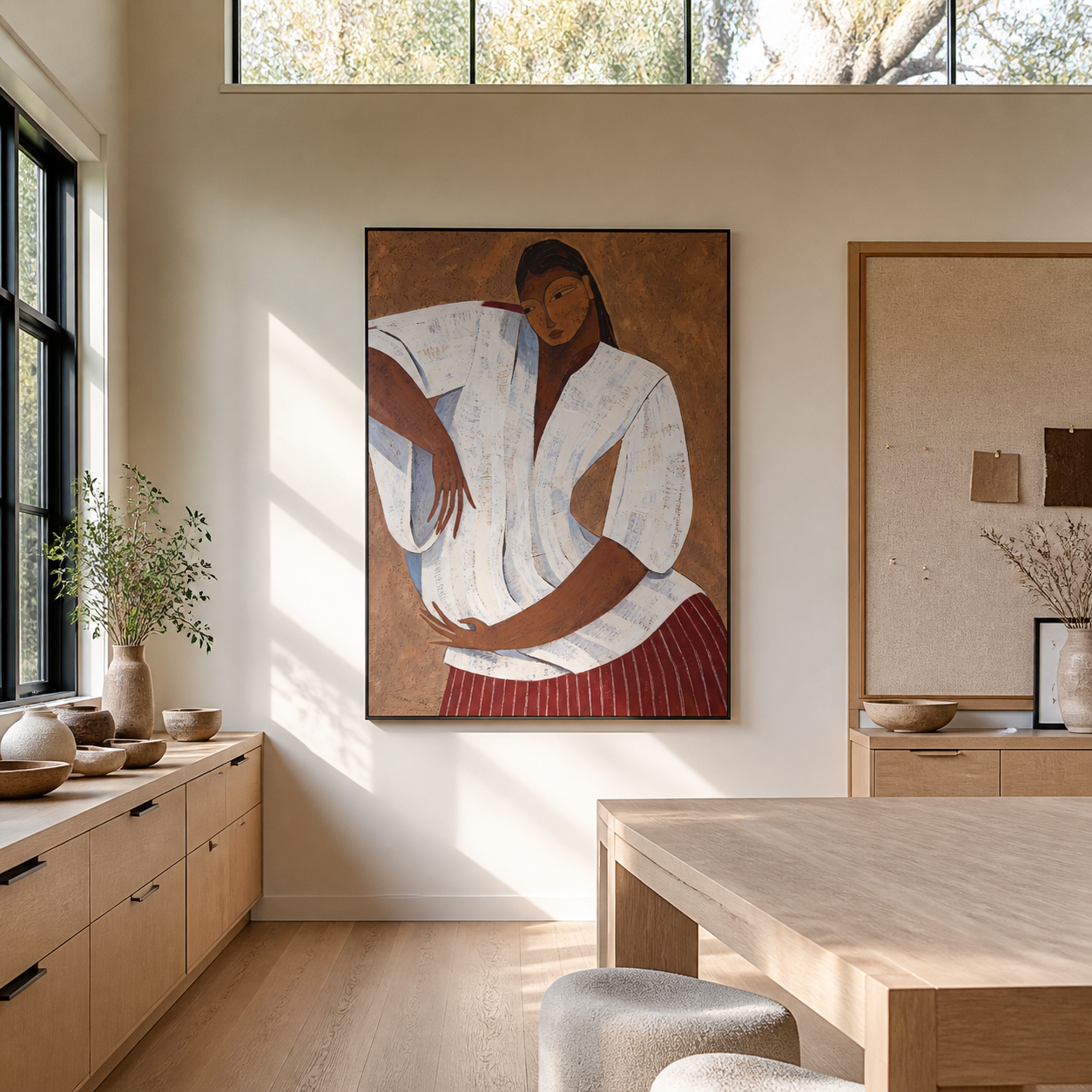 White Pleats Hold Poise - white blouse woman painting by Marcus Lau, retro modern vertical wall art – styled room scene view 2