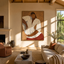 White Pleats Hold Poise - white blouse woman painting by Marcus Lau, retro modern vertical wall art – styled room scene view 3