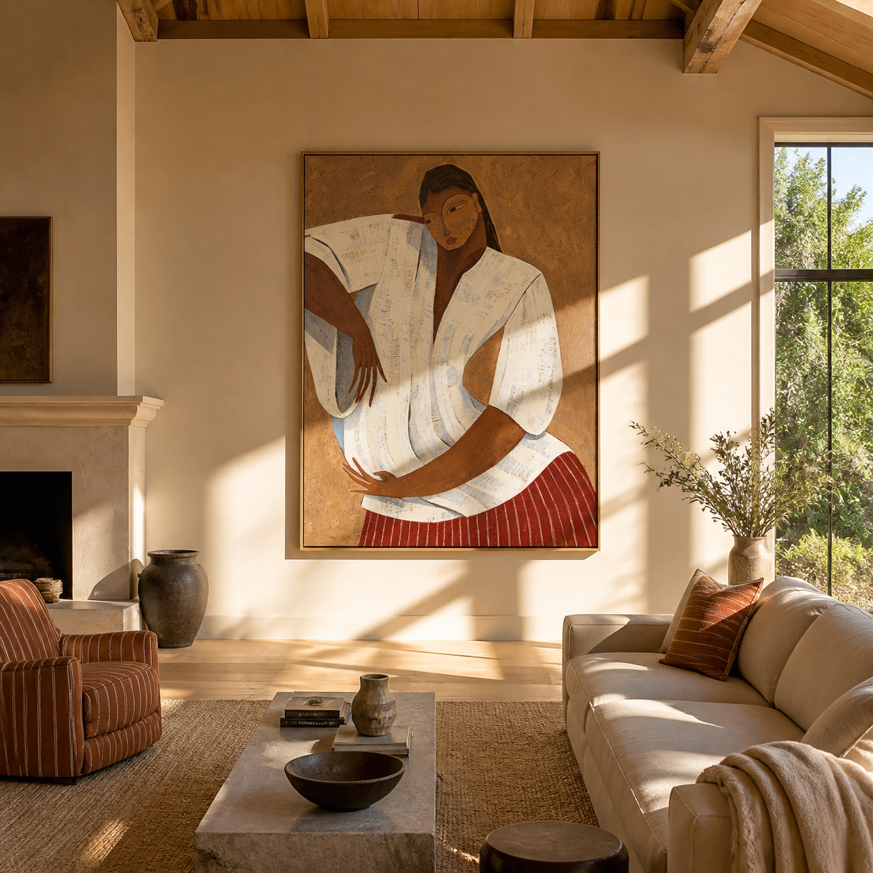 White Pleats Hold Poise - white blouse woman painting by Marcus Lau, retro modern vertical wall art – styled room scene view 3