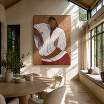 White Pleats Hold Poise - white blouse woman painting by Marcus Lau, retro modern vertical wall art – styled room scene view 4