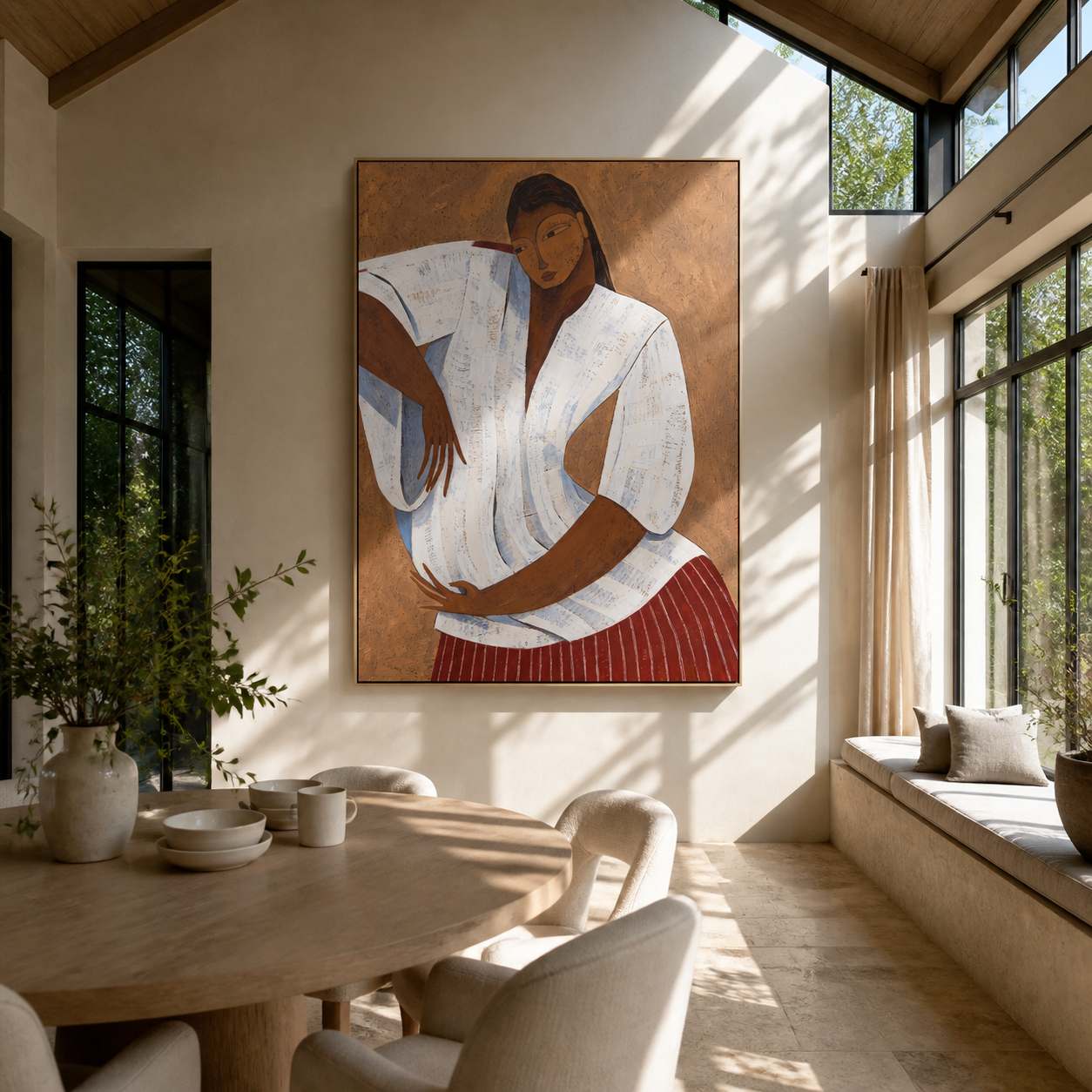White Pleats Hold Poise - white blouse woman painting by Marcus Lau, retro modern vertical wall art – styled room scene view 4