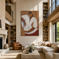 White Pleats Hold Poise - white blouse woman painting by Marcus Lau, retro modern vertical wall art – styled room scene view 5