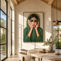 Green Hands Frame Stillness - green hood woman portrait by Marcus Lau, retro modern vertical wall art – styled room scene view 1