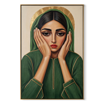 Green Hands Frame Stillness - green hood woman portrait by Marcus Lau, retro modern vertical wall art – wood frame on white background