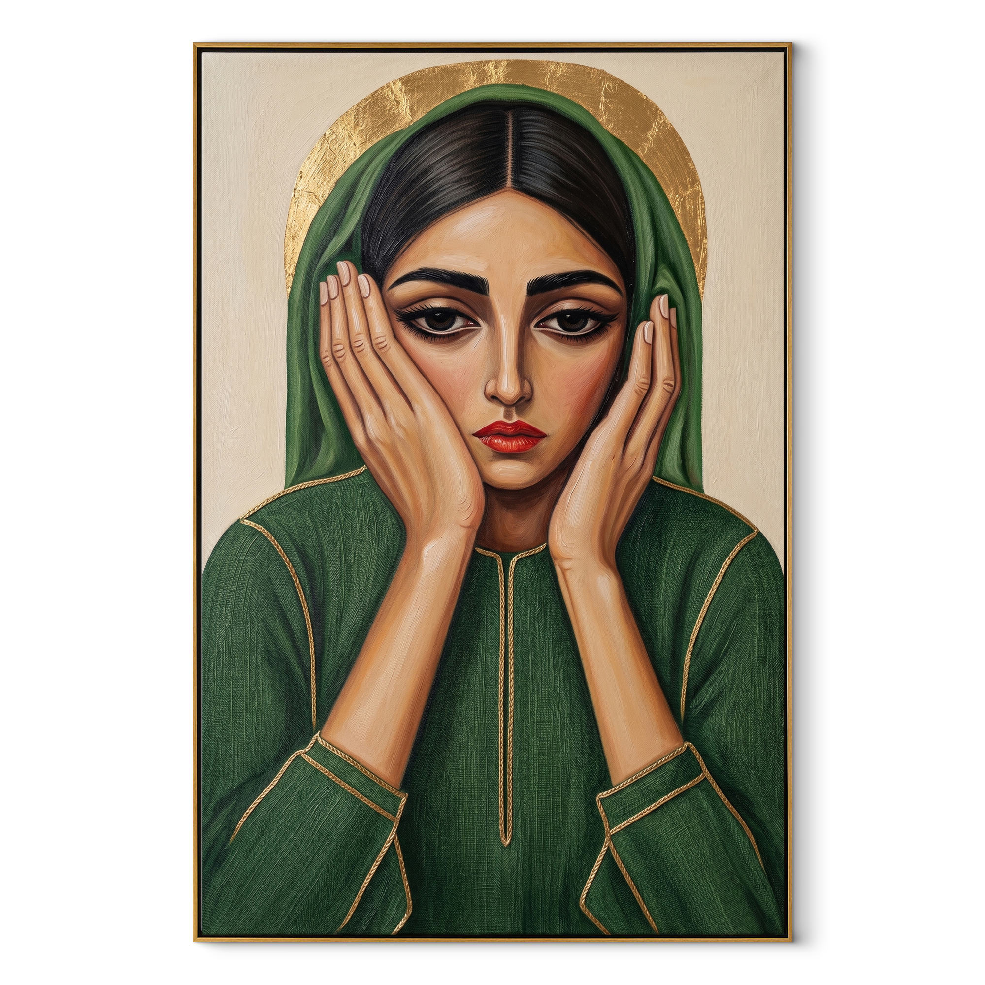 Green Hands Frame Stillness - green hood woman portrait by Marcus Lau, retro modern vertical wall art – wood frame on white background