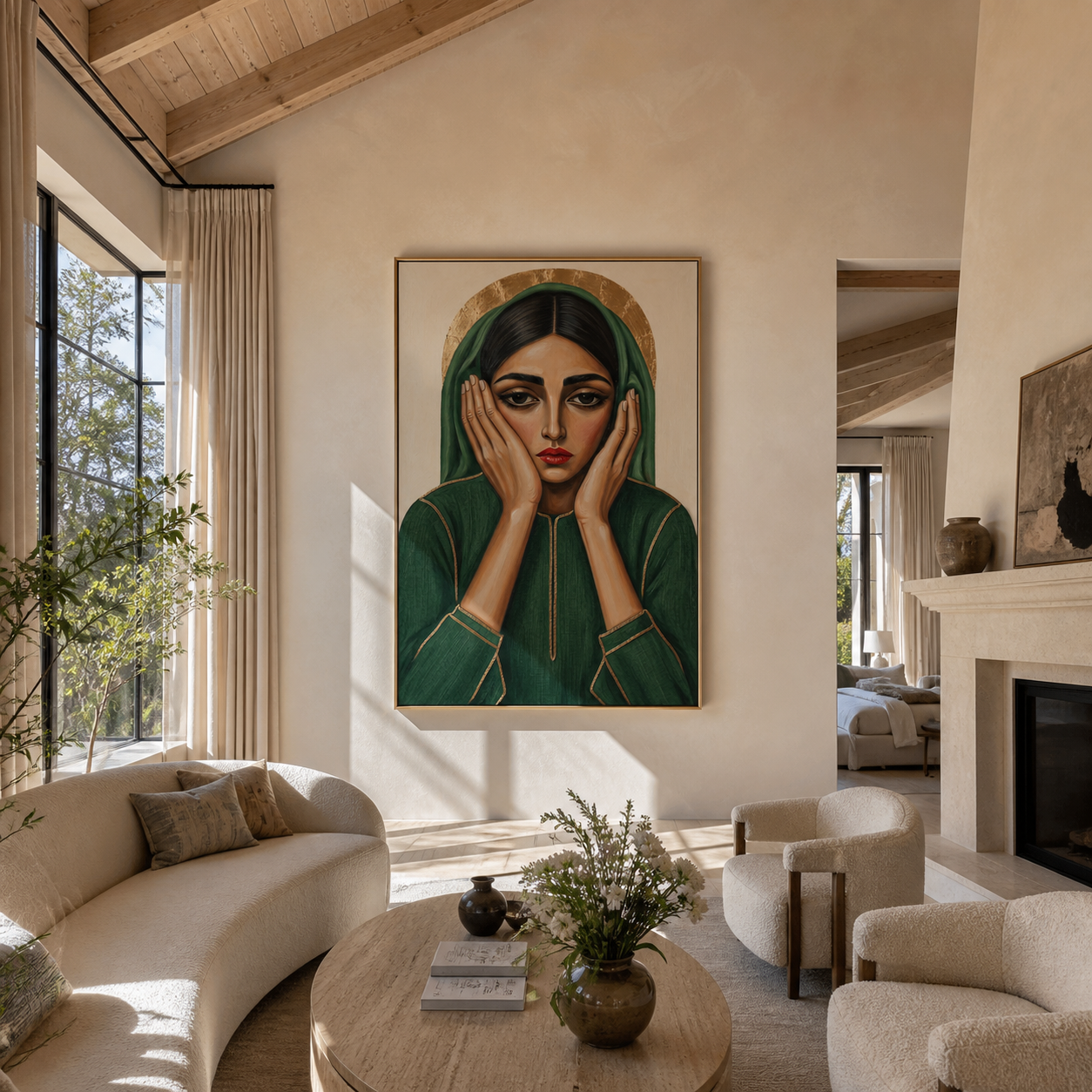 Green Hands Frame Stillness - green hood woman portrait by Marcus Lau, retro modern vertical wall art – styled room scene view 2